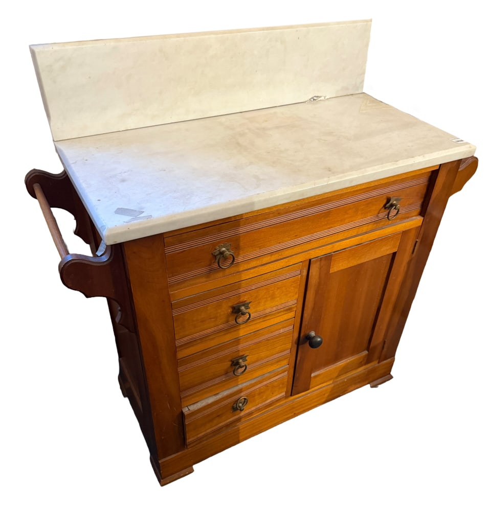 19thC Eastlake Victorian Marble-Top Commode: 19th century Eastlake Victorian marble-top commode. NOTE: Item to be picked up at 64 East 80th St., New York, NY. Deadline for pick-up is July 31st. Please call our front desk at 978-927-2223 to