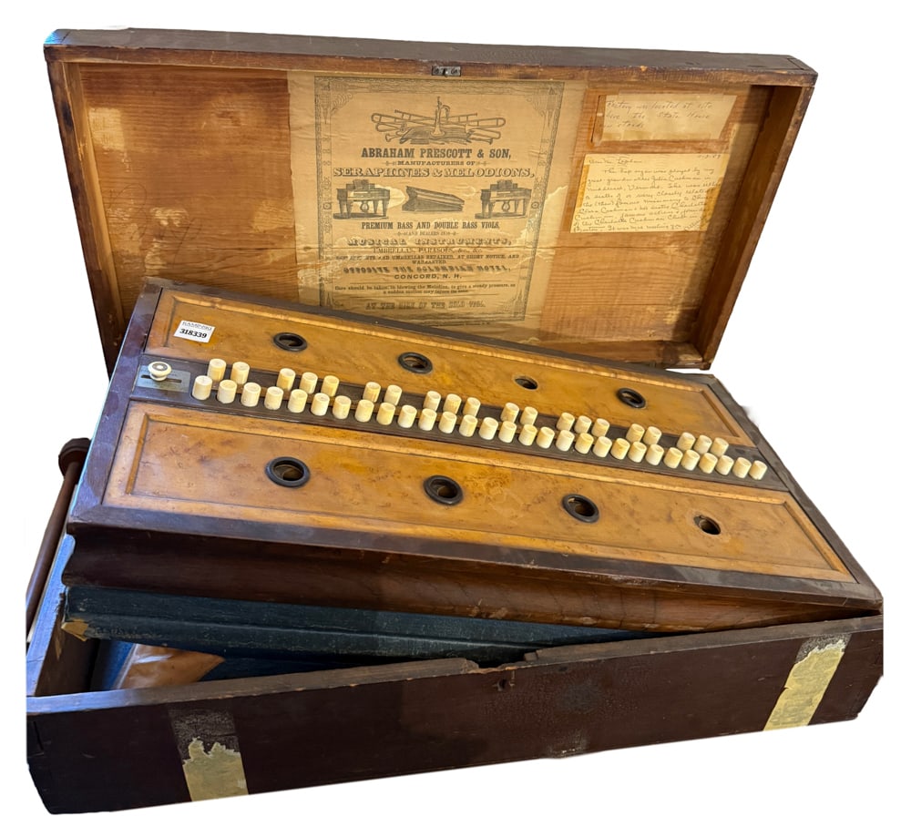 19thC Abraham Prescott and Son Lap Organ: 19th century Abraham Prescott and Son lap organ, 7" x 24" x 13". NOTE: Item to be picked up at 64 East 80th St., New York, NY. Deadline for pick-up is July 31st. Please call our front desk at