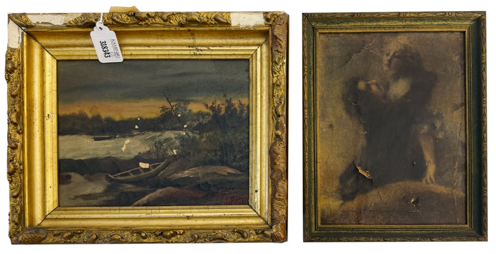Two Antique Paintings: Two antique paintings, river scene, two women embracing, 10" x 14", 10" x 12". As Is. NOTE: Item to be picked up at 64 East 80th St., New York, NY. Deadline for pick-up is July 31st. Please call our