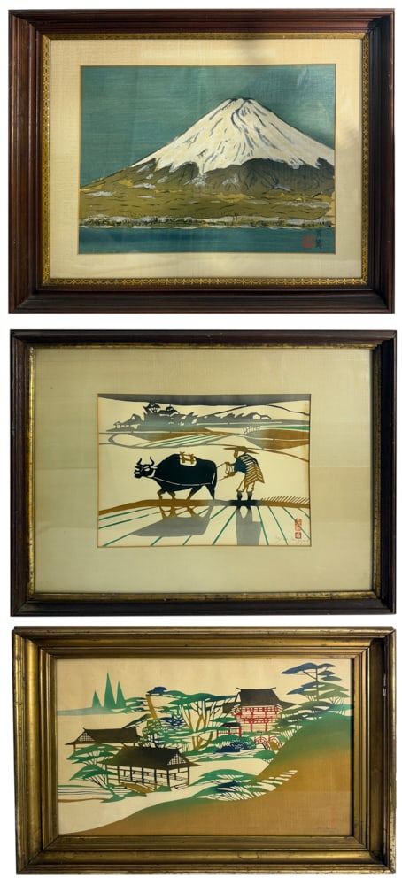 Japanese Woodblocks By Mikumo 1965: Japanese woodblocks by Mikumo 1965, (3) total, 10" x 13", 15" x 21", 9" x 14 1/2" image only. NOTE: Item to be picked up at 64 East 80th St., New York, NY. Deadline for pick-up is July 31st. Please ca