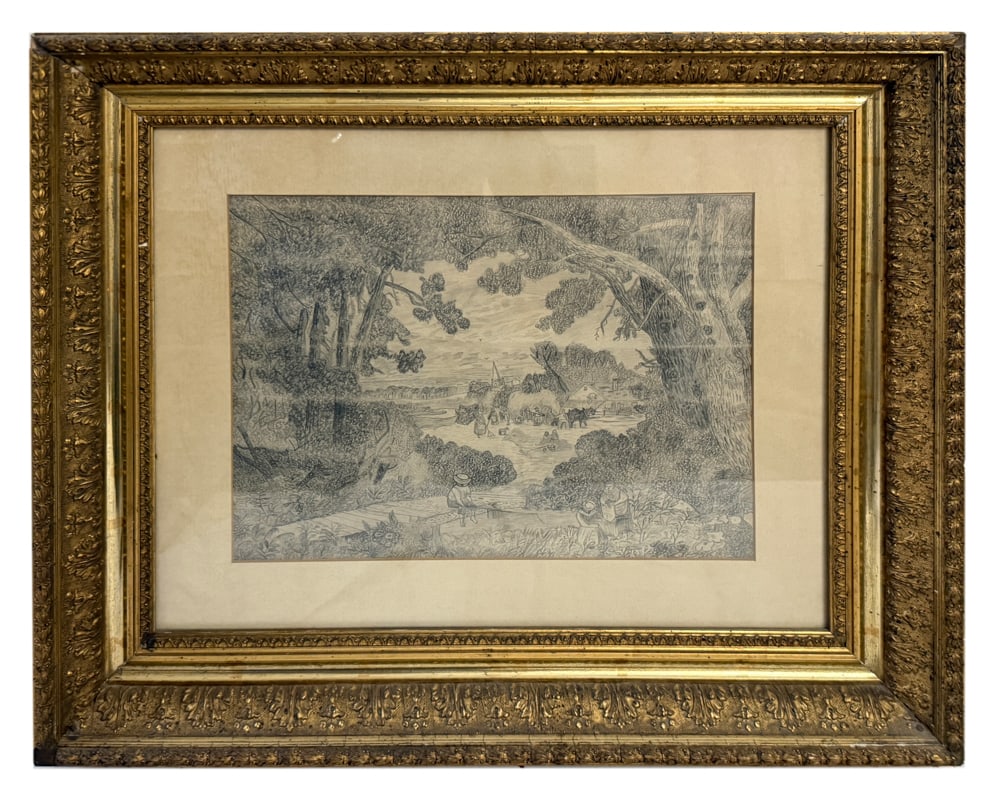 19thC Pencil Drawing of A Farm Yard Scene: 19th century pencil drawing of a farm yard scene, 21" x 25" frame. NOTE: Item to be picked up at 64 East 80th St., New York, NY. Deadline for pick-up is July 31st. Please call our front desk at 978-92