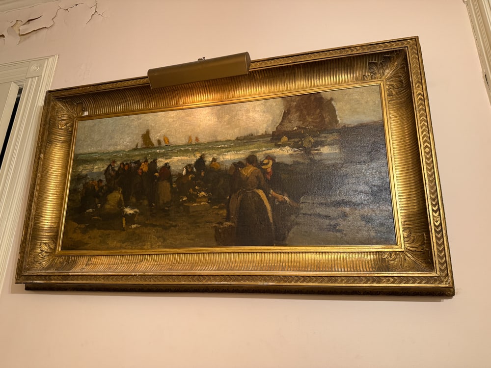 Angelo Mura, Dutch School Painting: Angelo Mura, Dutch School painting of people at a quay overlooking a rough sea with sailing ships under a stormy sky, signed "Mura", 22" x 48", frame 32" x 59". Appraisal $10,000-20,000. NOTE: Item to