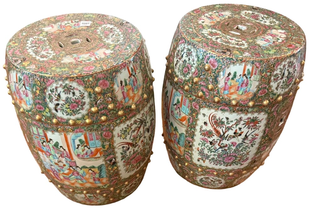 Pair of 19thC Chinese Rose Medallion Garden Seats: Pair of 19th century Chinese Rose Medallion garden seats, 19" x 14". NOTE: Item to be picked up at 62 East 80th St., New York, NY. Deadline for pick-up is July 31st. Please call our front desk at 978-