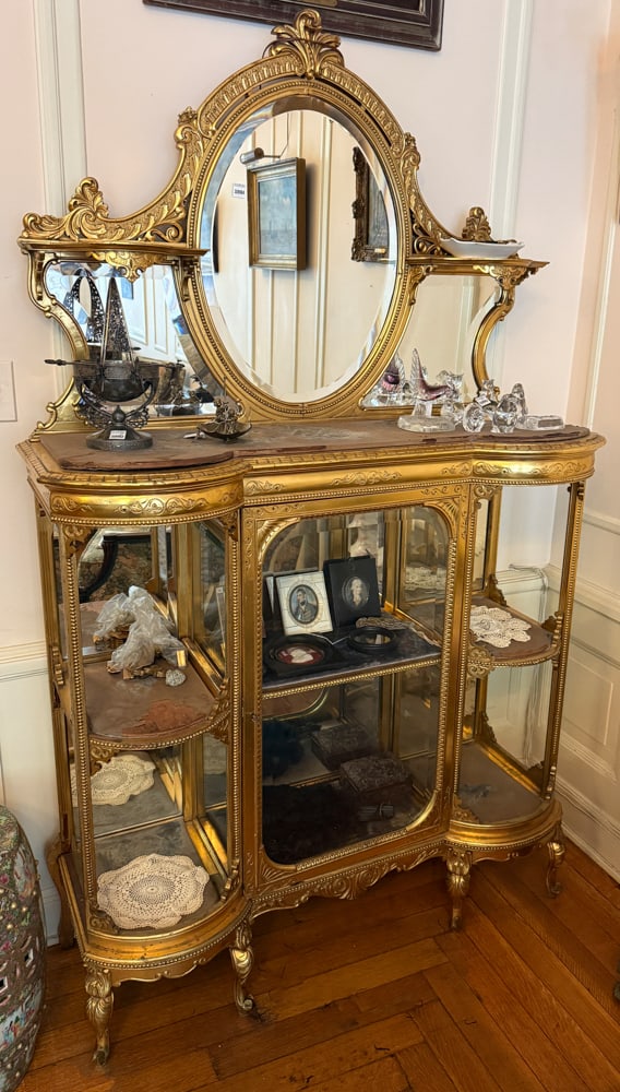 Late 19thC French Gold Curio Cabinet: Late 19th century French gold curio cabinet. NOTE: Item to be picked up at 64 East 80th St., New York, NY. Deadline for pick-up is July 31st. Please call our front desk at 978-927-2223 to schedule pic