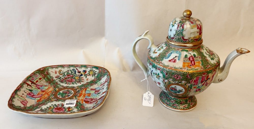 Chinese Rose Mandarin Teapot and Tray: Chinese Rose Mandarin teapot and tray. NOTE: Item to be picked up at 64 East 80th St., New York, NY. Deadline for pick-up is July 31st. Please call our front desk at 978-927-2223 to schedule pick-up.