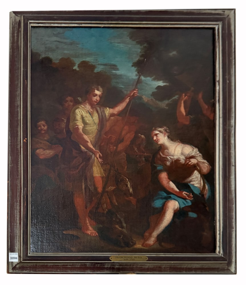 Labeled Francesco Guardi 1696-1792, Oil on Canvas: Painting, labeled Francesco Guardi 1696-1792, Francesco Mura (Italian, 1696-1782), classical subject, allegorical scene of hunter and maiden, oil on canvas, no visible signature, 24" x 20" (image), fr
