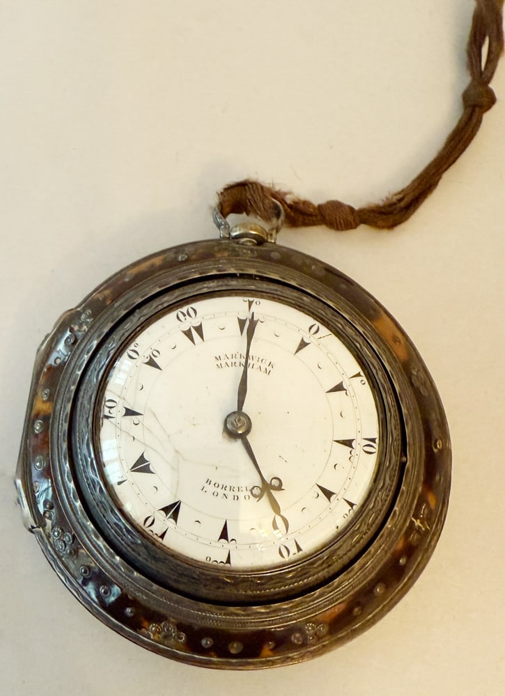 Early 18thC Marawick Markham and Borrell Silver Pocket Watch: Early 18th George II silver pocket watch by Marawick Markham and Borrell, London, white circular dial with Arabic numerals, set into a circular case, accented with silver detail. 3" diameter. Pall Mal