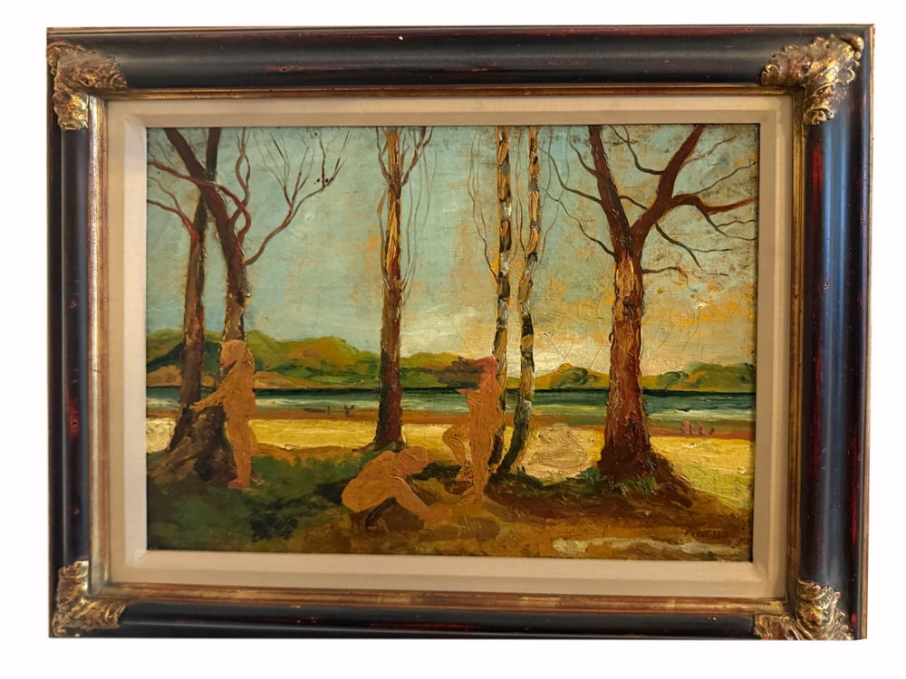 In the Style of Picasso, Three Forms in the Woods, Oil on Canvas: In the style of Pablo Picasso (Spanish, 1881 - 1973), untitled, three human forms in various poses in a clearing of birch trees, a body of water and hills in the background, oil on canvas, signed "Pic