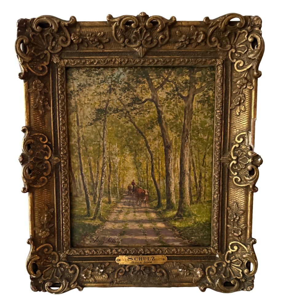 Adrien Schulz, Sous Bois Oil on Panel of Cow Herder and Livestock: Adrien Schulz (French, 1851?1931), sous bois oil on panel of a cow herder leading his livestock through the woods on a well worn path, trees arching over the path, signed L/L, inscribed verso "Route e