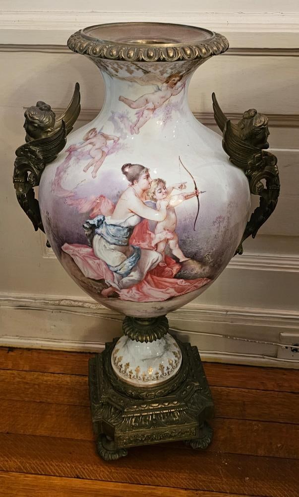 19thC French Sevres Urn: 19th century French Sevres urn, 29" x 15". NOTE: Item to be picked up at 62 East 80th St., New York, NY. Deadline for pick-up is July 31st. Please call our front desk at 978-927-2223 to schedule pick-