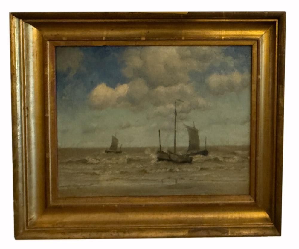W.E. Norton, Fishing Boats on Rough Sea, Oil on Canvas: William Edward Norton (English, 1843-1916), untitled, three fishing boats close to shore on a rough sea, oil on canvas, signed "W E Norton, Atelier" L/L, 11 1/2" x 15 1/4", in giltwood frame 16 1/2" x