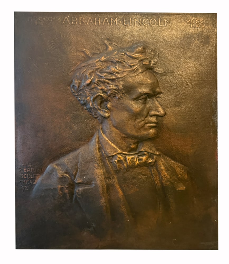 Abraham Lincoln Wall Plaque By H. H. Sewing Sculptor: Abraham Lincoln wall plaque by H. H. Sewing Sculptor Chicago, 16" x 13". NOTE: Item to be picked up at 64 East 80th St., New York, NY. Deadline for pick-up is July 31st. Please call our front desk at 