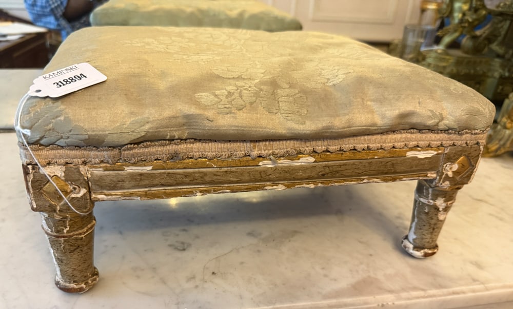 19thC French Giltwood Stool: 19th century French giltwood stool, 6" x 13" x 11". NOTE: Item to be picked up at 62 East 80th St., New York, NY. Deadline for pick-up is July 31st. Please call our front desk at 978-927-2223 to sched