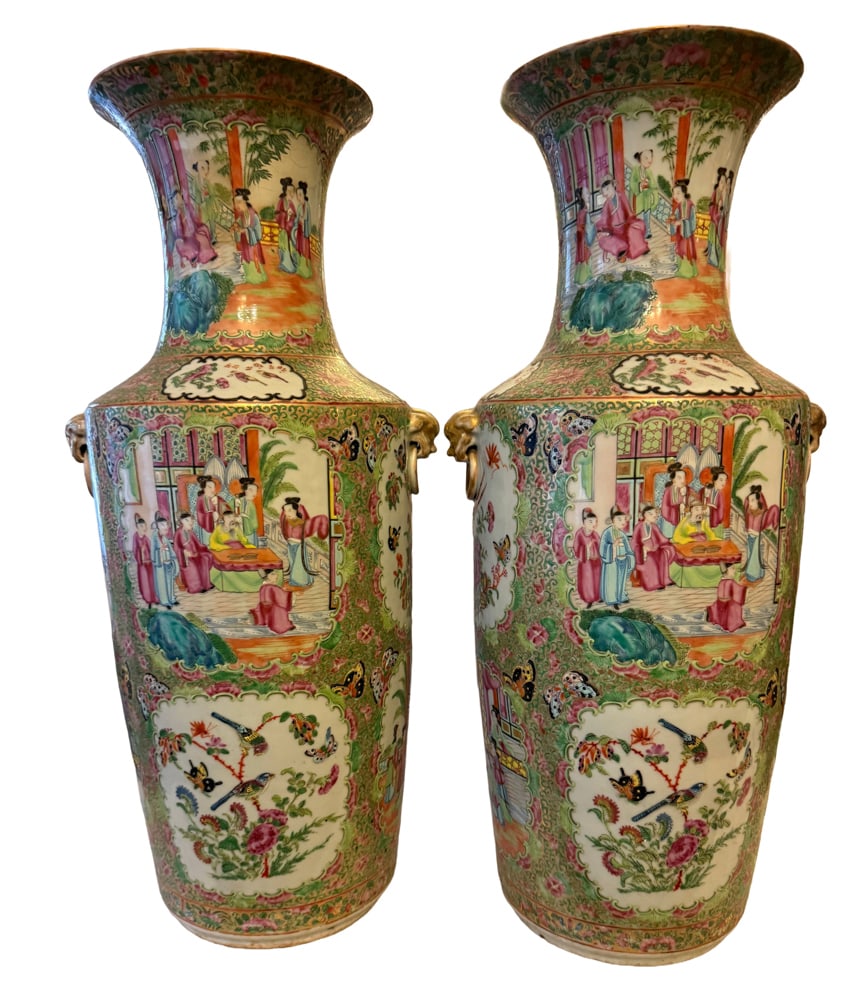 Pair of 19th Chinese Rose Medallion Vases: Pair of 19th Chinese Rose Medallion vases, 24" x 9 1/2". NOTE: Item to be picked up at 64 East 80th St., New York, NY. Deadline for pick-up is July 31st. Please call our front desk at 978-927-2223 to 