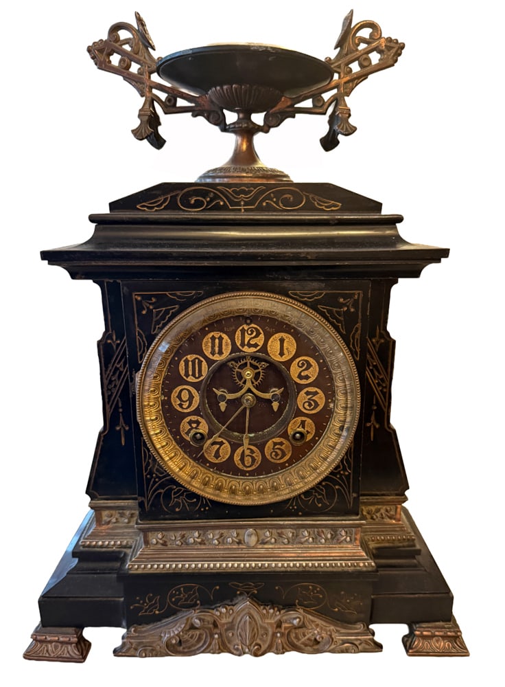19thC Victorian Black Marble Mantel Clock: 19th century Victorian black marble mantel clock, 18" x 13" x 5 1/2". NOTE: Item to be picked up at 64 East 80th St., New York, NY. Deadline for pick-up is July 31st. Please call our front desk at 978