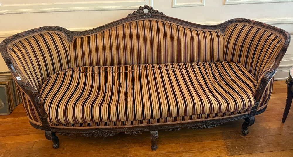 French Louis XVI Style Sofa: French Louis XVI style sofa, 35" x 82" x 33". NOTE: Item to be picked up at 64 East 80th St., New York, NY. Deadline for pick-up is July 31st. Please call our front desk at 978-927-2223 to schedule pi