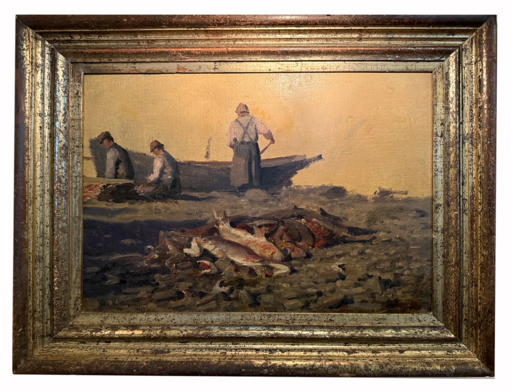 W.E. Norton, Fisherman Unloading Catch, Oil on Canvas: William Edward Norton (English, 1843-1916), untitled, three fishermen unloading their catch, two men kneeling cleaning fish, the other standing at the boat, a pile of fish dominating the foreground, o