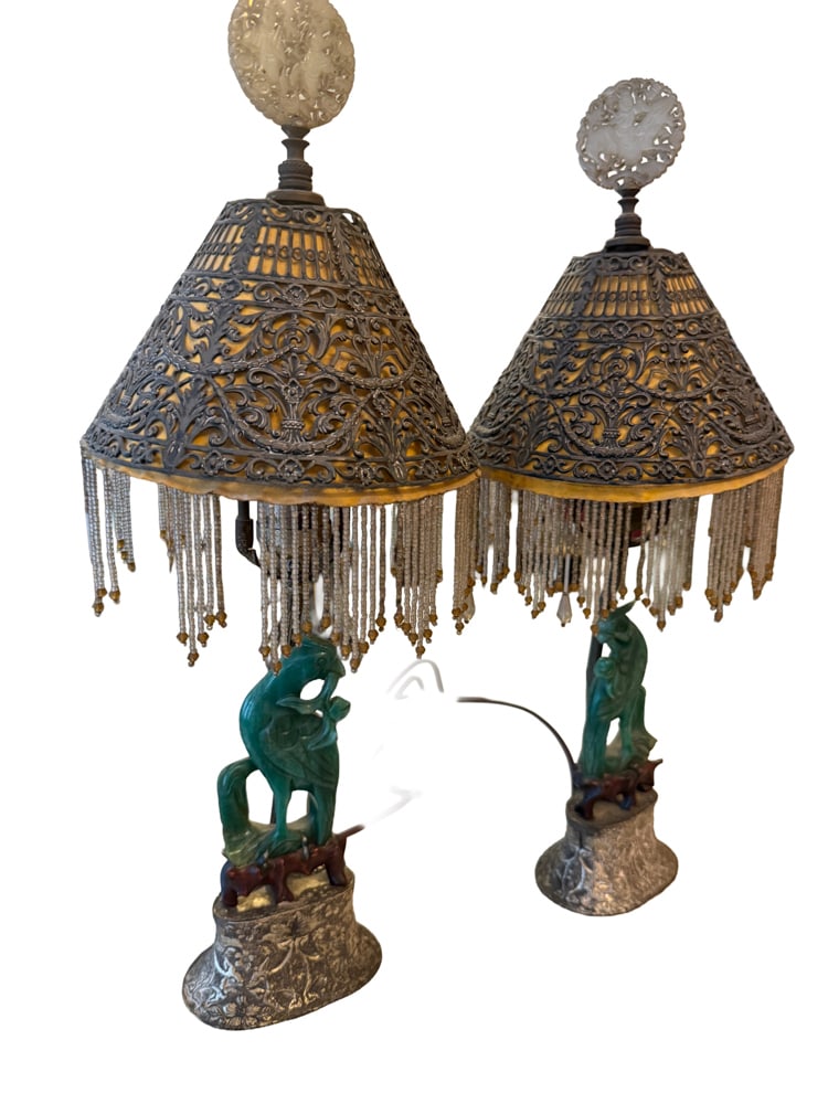 Pair of Chinese Green Jade Lamps: Pair of Chinese green jade lamps, 19". NOTE: Item to be picked up at 64 East 80th St., New York, NY. Deadline for pick-up is July 31st. Please call our front desk at 978-927-2223 to schedule pick-up.