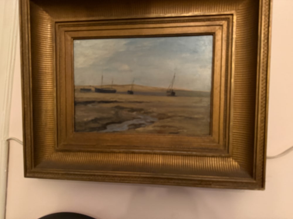 W.E. Norton, Fishng Boats at Low Tide, Oil on Canvas: William Edward Norton (English, 1843-1916), untitled, view of four fishing boats on a beach at low tide, oil on canvas signed "W E Norton, Atelier" L/L, 8" x 11", in giltwood frame 15 1/2" x 18". NOTE