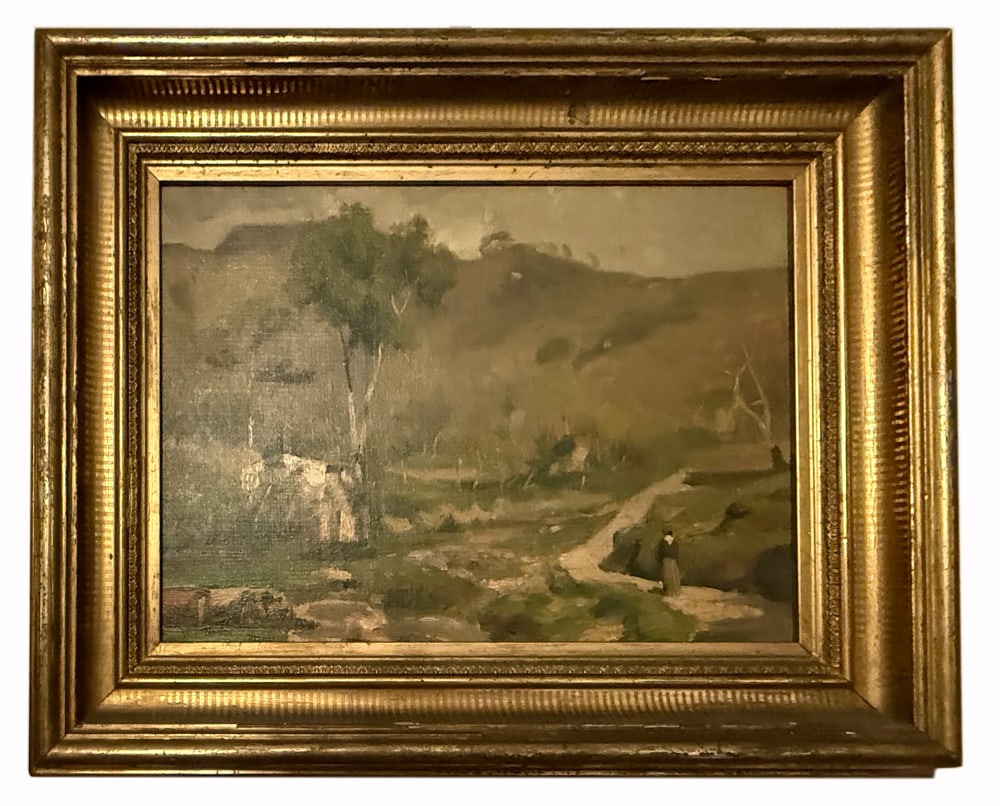 W.E. Norton, Pastoral Scene with Woman on Path, Oil on Canvas: William Edward Norton (English, 1843-1916), untitled, pastoral scene with a woman in the right lower corner walking down a path, a single tree dominating the left side of the painting, oil on canvas, 