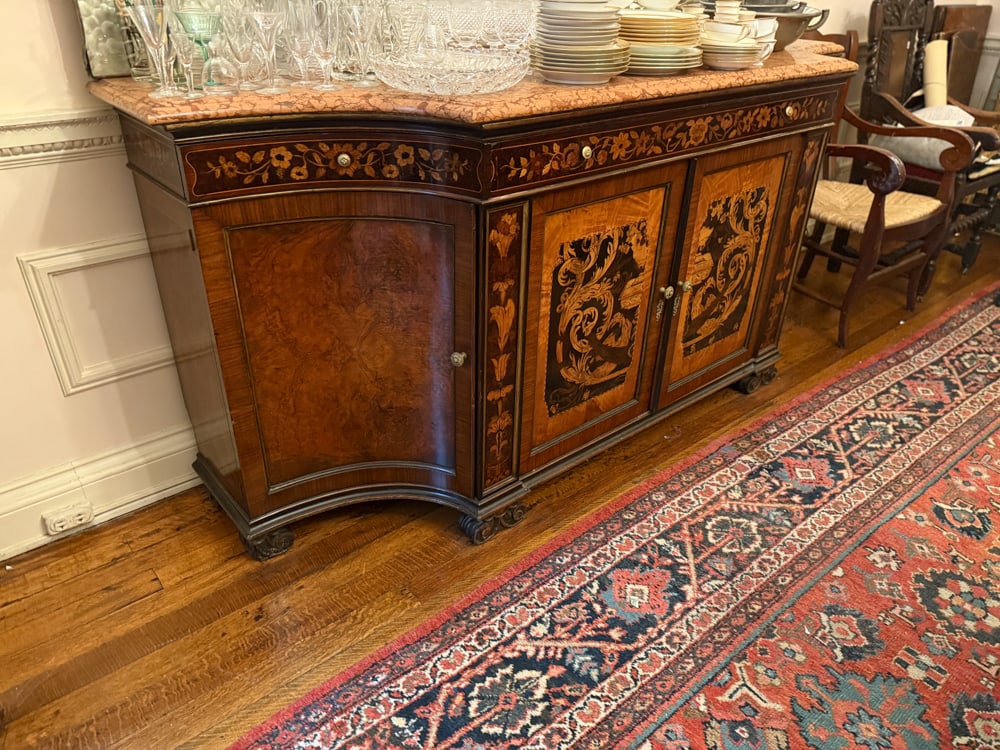 Circa 1920s Deco Marble-top Cabinet: Circa 1920s Deco marble-top inlaid 4-door cabinet, 38" H x 84" L x 24" W. NOTE: Item to be picked up at 64 East 80th St., New York, NY. Deadline for pick-up is July 31st. Please call our front desk at