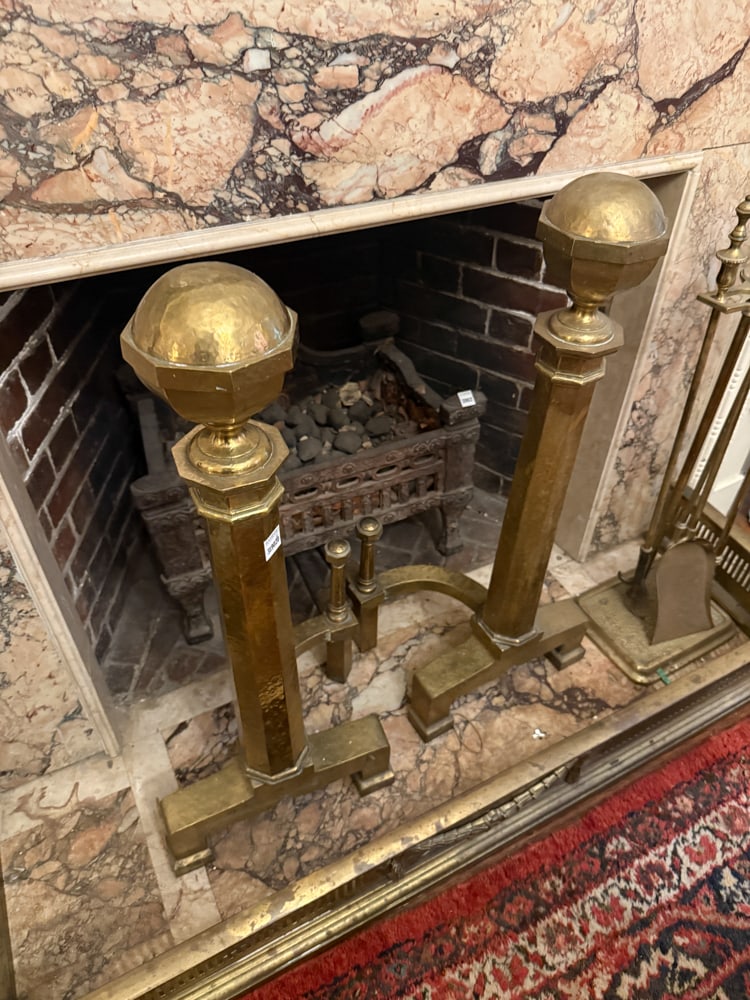 Arts and Crafts Hand-Hammered Brass Andirons: Arts and Crafts hand-hammered brass andirons, 33" x 13" x 28". NOTE: Item to be picked up at 64 East 80th St., New York, NY. Deadline for pick-up is July 31st. Please call our front desk at 978-927-22