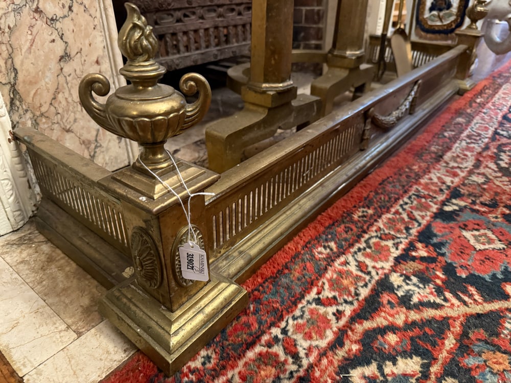 Federal-Style Brass Fire Fender with Fire Tools: Federal-style brass fire fender with fire tools, 13" x 56" x 15". NOTE: Item to be picked up at 64 East 80th St., New York, NY. Deadline for pick-up is July 31st. Please call our front desk at 978-927