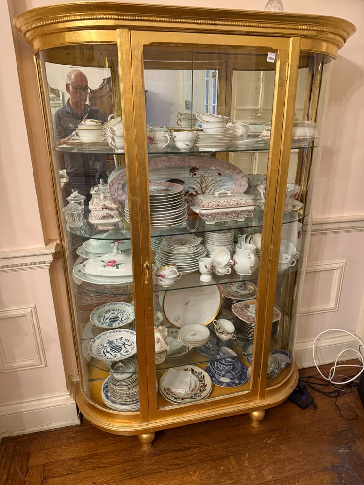 Antique French Giltwood Curved Front Cabinet: Antique French giltwood curved front cabinet, 68" H x 49" W x 15" D. NOTE: Item to be picked up at 64 East 80th St., New York, NY. Deadline for pick-up is July 31st. Please call our front desk at