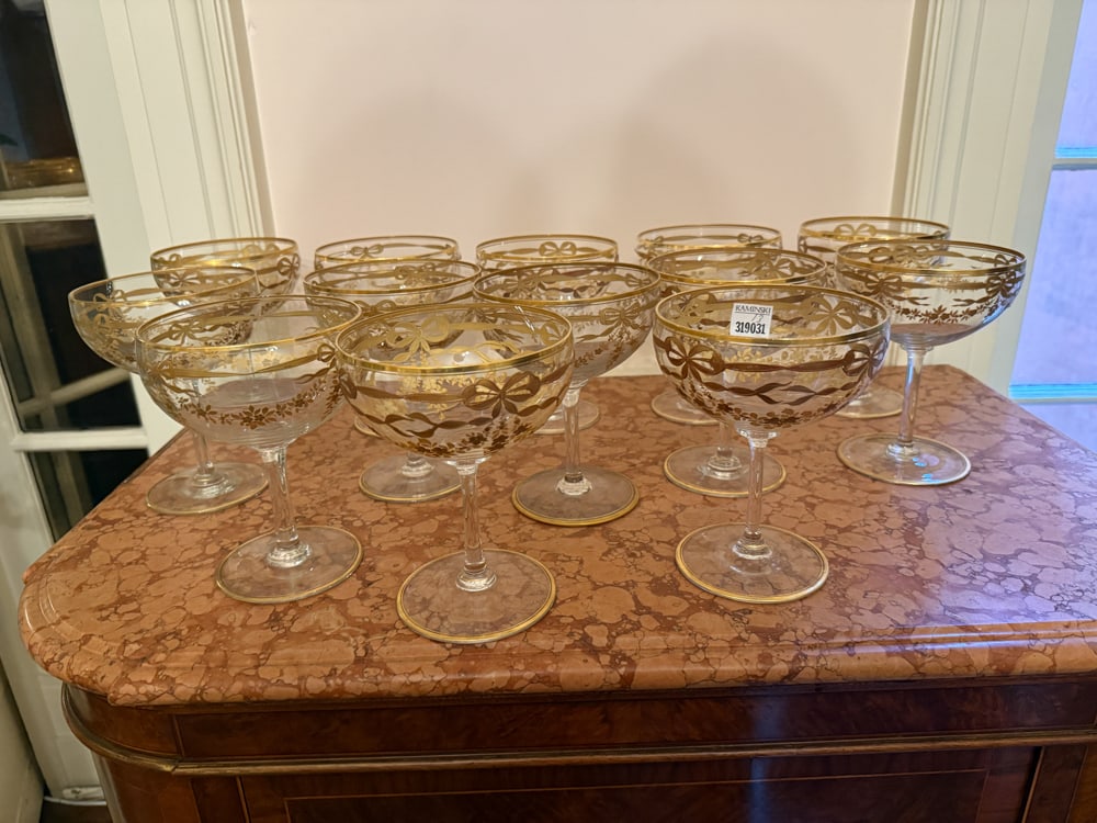 1920s Baccarat-Style Gold Drape Glasses: 1920s Baccarat-style gold drape glasses, (13) total, 7" x 5". NOTE: Item to be picked up at 64 East 80th St., New York, NY. Deadline for pick-up is July 31st. Please call our front desk at