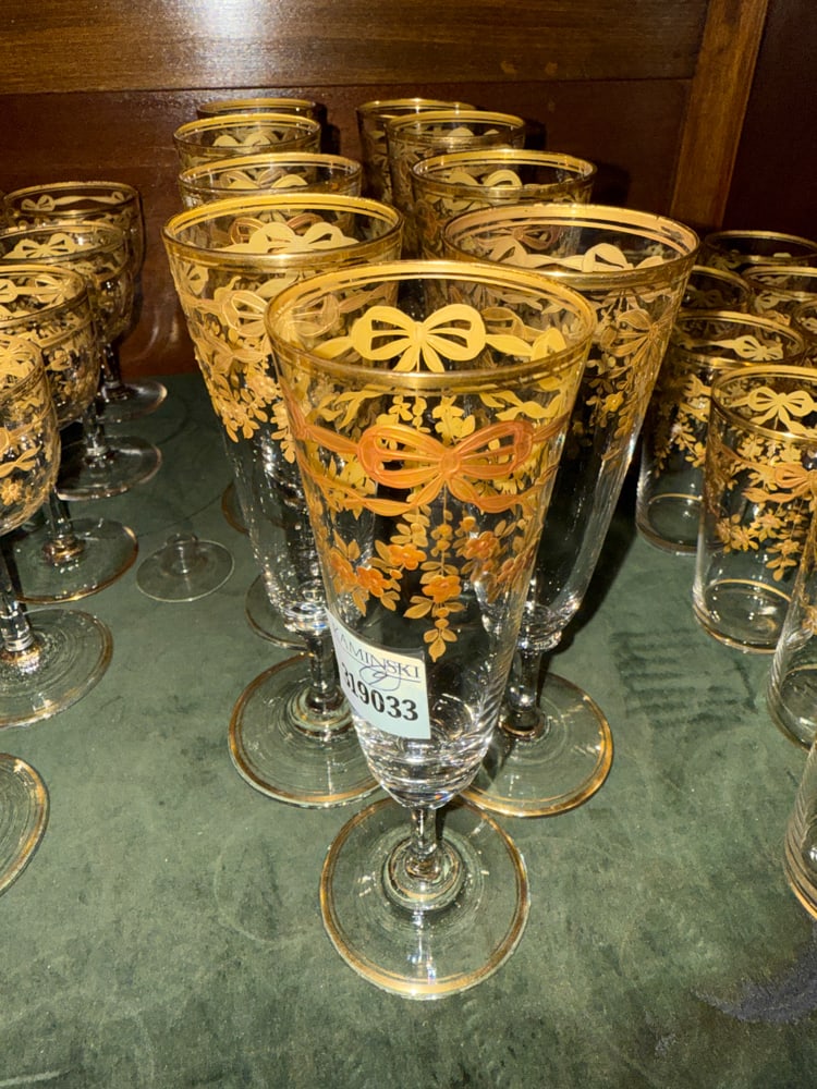 Baccarat-Style Champagne Glasses: Baccarat-style champagne glasses, (9) total. NOTE: Item to be picked up at 64 East 80th St., New York, NY. Deadline for pick-up is July 31st. Please call our front desk at 978-927-2223 to schedule pic