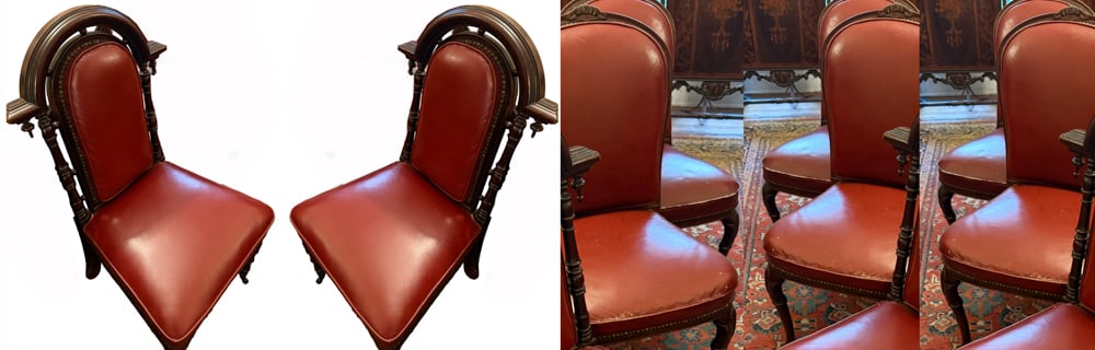 Queen Ann Style Red Leather Dining Chairs: Queen Anne style red leather dining chairs, (6) matching, (8) total. NOTE: Item to be picked up at 64 East 80th St., New York, NY. Deadline for pick-up is July 31st. Please call our front desk at