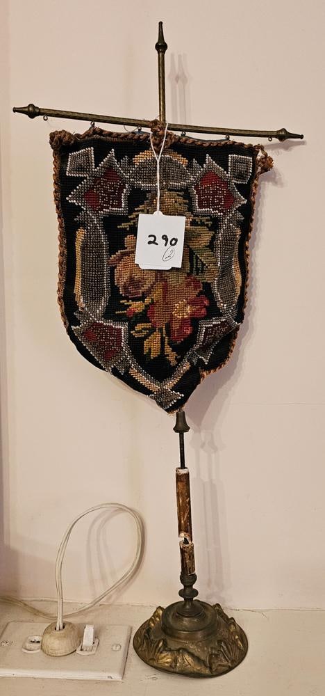 Miniature Paintings, Needlepoint Shield on Stand: Miniature paintings, 10 1/2" x 6" framed, with a needlepoint shield on stand, 20". NOTE: Item to be picked up at 62 East 80th St., New York, NY. Deadline for pick-up is July 31st. Please call our fron