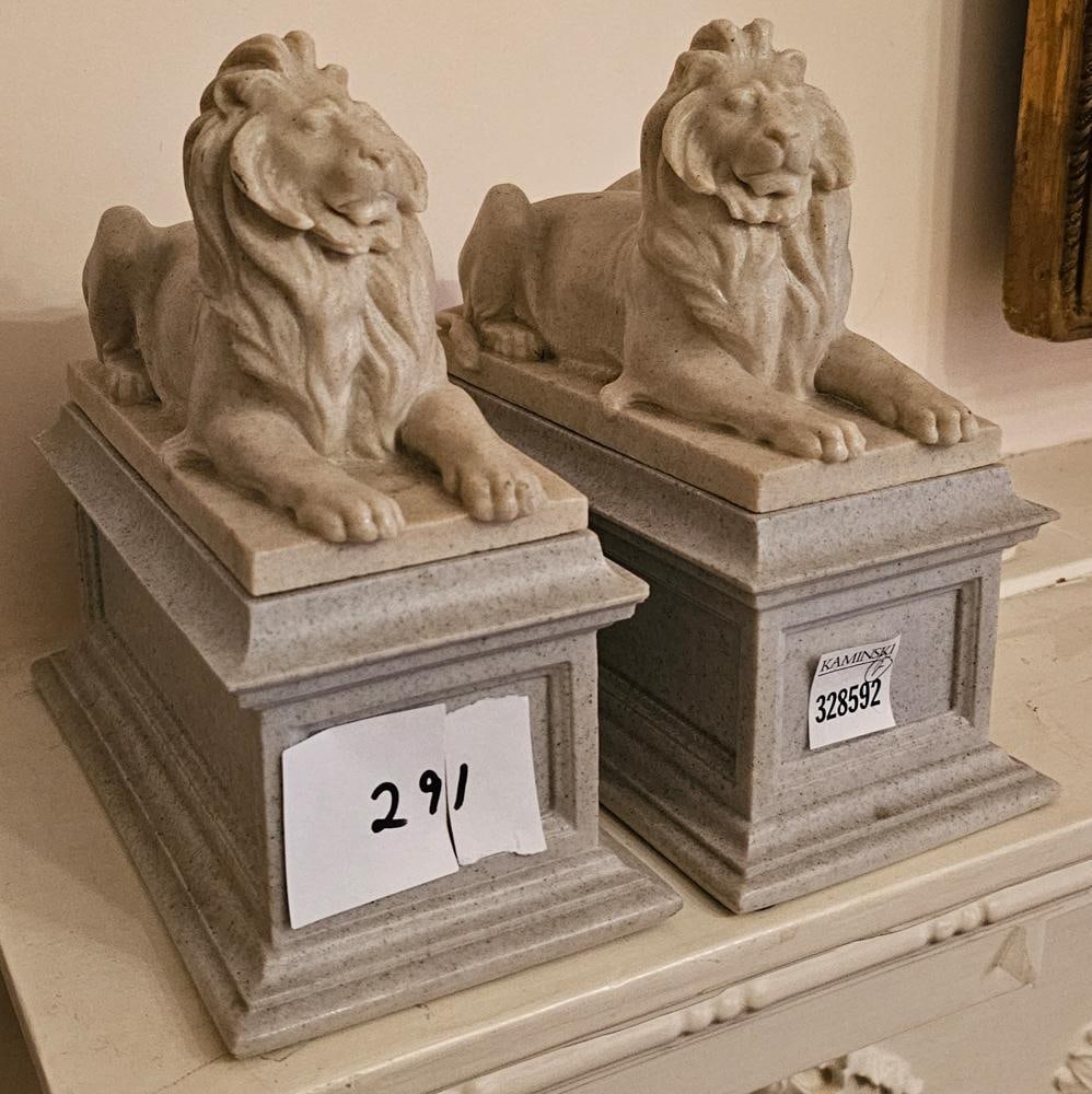 Pair of Composition Lions: Pair of composition lions, 8" H x 8" L. NOTE: Item to be picked up at 62 East 80th St., New York, NY. Deadline for pick-up is July 31st. Please call our front desk at 978-927-2223 to schedule pick-up.