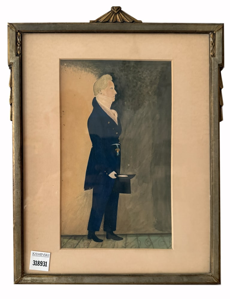 Early American Watercolor Gentleman with Top Hat: Early American watercolor of a gentleman with top hat, 9 1/2" x 6", frame 15" x 10". NOTE: Item to be picked up at 64 East 80th St., New York, NY. Deadline for pick-up is July 31st. Please call our fr