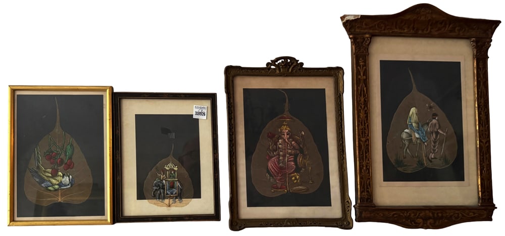 Indian Paintings on Leaves: Indian paintings on leaves, (4) total. NOTE: Item to be picked up at 62 East 80th St., New York, NY. Deadline for pick-up is July 31st. Please call our front desk at 978-927-2223 to schedule pick-up.