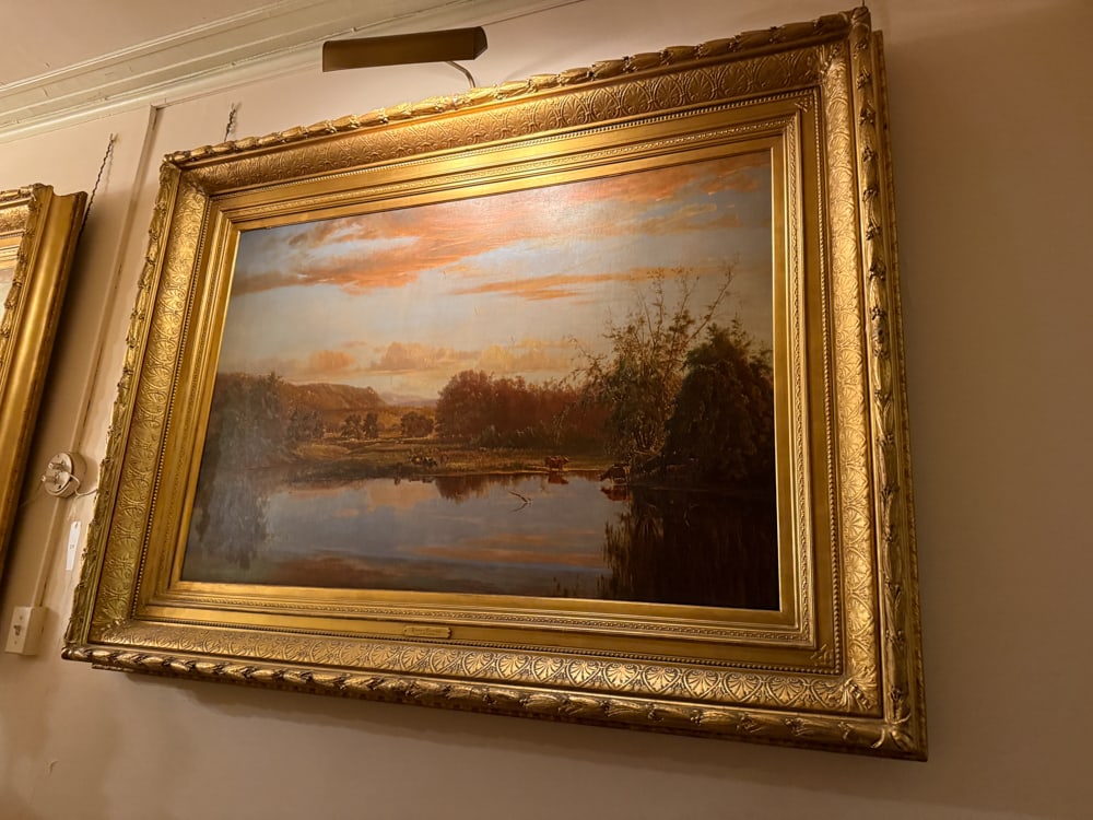 Horace Robbins, Summer Evening, Cattle Around Pond, Oil on Canvas: Horace Robbins (American, 1842-1904) Summer Evening, cattle around a pond, the mid?ground of a hilly pastoral area and the upper half dominated by an evening sky, oil on canvas, signed "H W Robbins" L