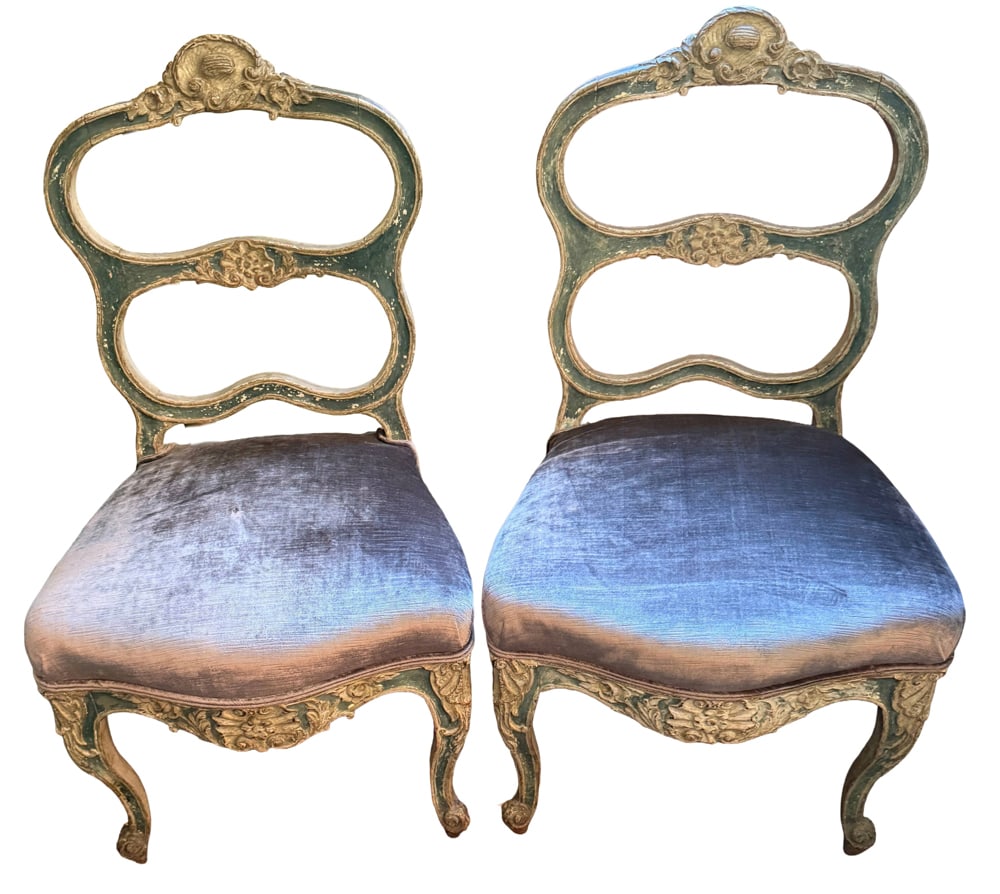 Pair of 18thC Venetian Chairs with Old Blue Paint: Pair of 18th century Venetian chairs with old blue paint. NOTE: Item to be picked up at 62 East 80th St., New York, NY. Deadline for pick-up is July 31st. Please call our front desk at 978-927-2223 to