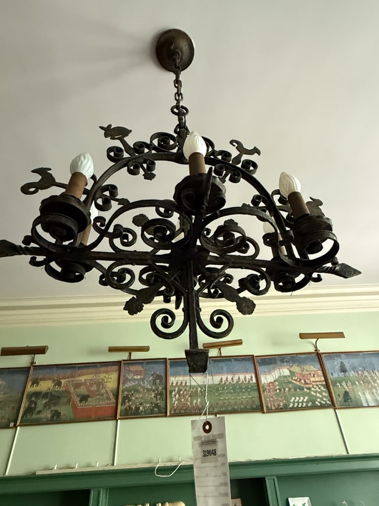 Colonial Revival Cast Iron Forged Chandelier: Colonial Revival cast iron forged chandelier, 50" Drop x 29". NOTE: Item to be picked up at 64 East 80th St., New York, NY. Deadline for pick-up is July 31st. Please call our front desk at 978-927-222