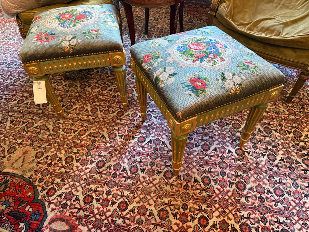 Two Louis XVI Style Upholstered Gilt Stools: Two Louis XVI style upholstered gilt stools, 19" H x 17" W x 17" D. NOTE: Item to be picked up at 64 East 80th St., New York, NY. Deadline for pick-up is July 31st. Please call our front desk at 978-9