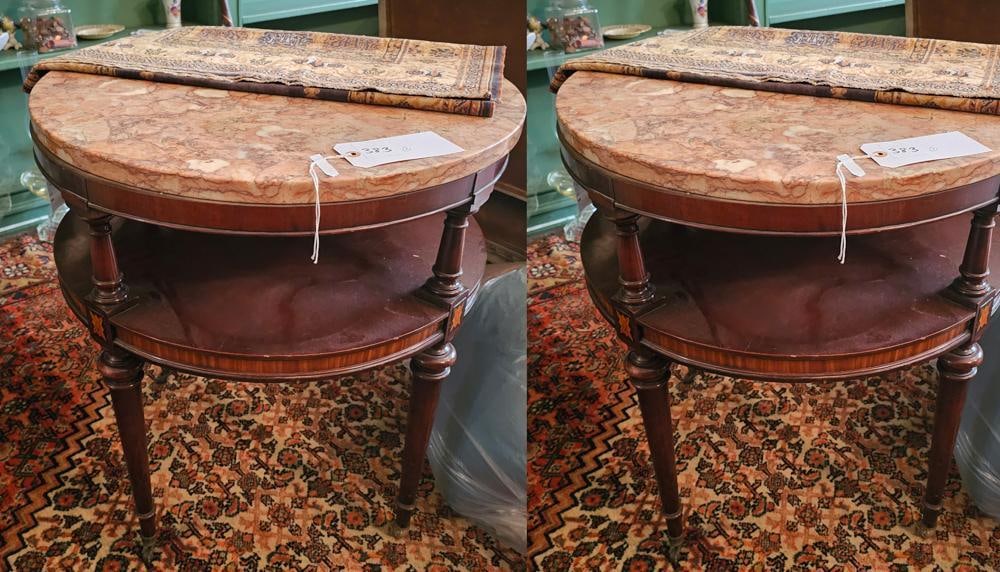 Two English Regency Style Marble-top 2-tier Round Tables: Two English Regency style marble-top 2-tier round tables, 27" diameter. NOTE: Item to be picked up at 62 East 80th St., New York, NY. Deadline for pick-up is July 31st. Please call our front desk at 9