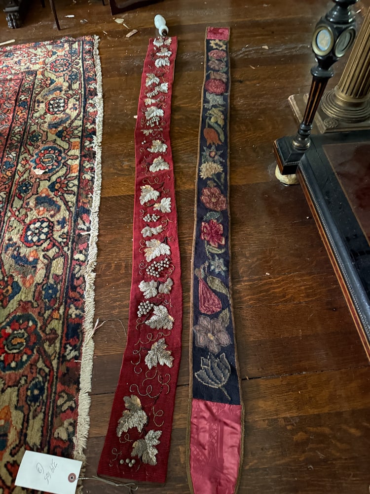Two Embroidered Hangings: Two embroidered hangings, 61" and 69" . NOTE: Item to be picked up at 64 East 80th St., New York, NY. Deadline for pick-up is July 31st. Please call our front desk at 978-927-2223 to schedule pick-up.