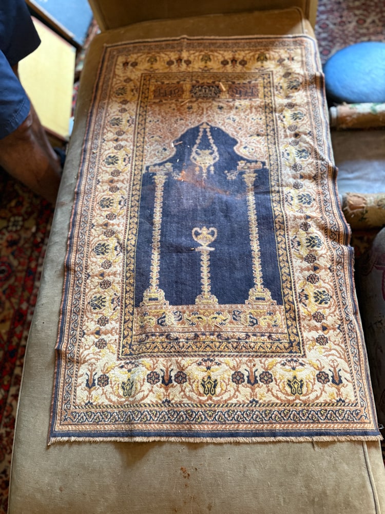 Prayer Rug, Machine-Woven: Prayer rug, machine-woven, 3' 4" x 2'. NOTE: Item to be picked up at 64 East 80th St., New York, NY. Deadline for pick-up is July 31st. Please call our front desk at 978-927-2223 to schedule pick-up.