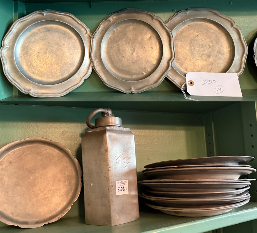 Group of Assorted Pewter Plates and Flask (1 of 3)
