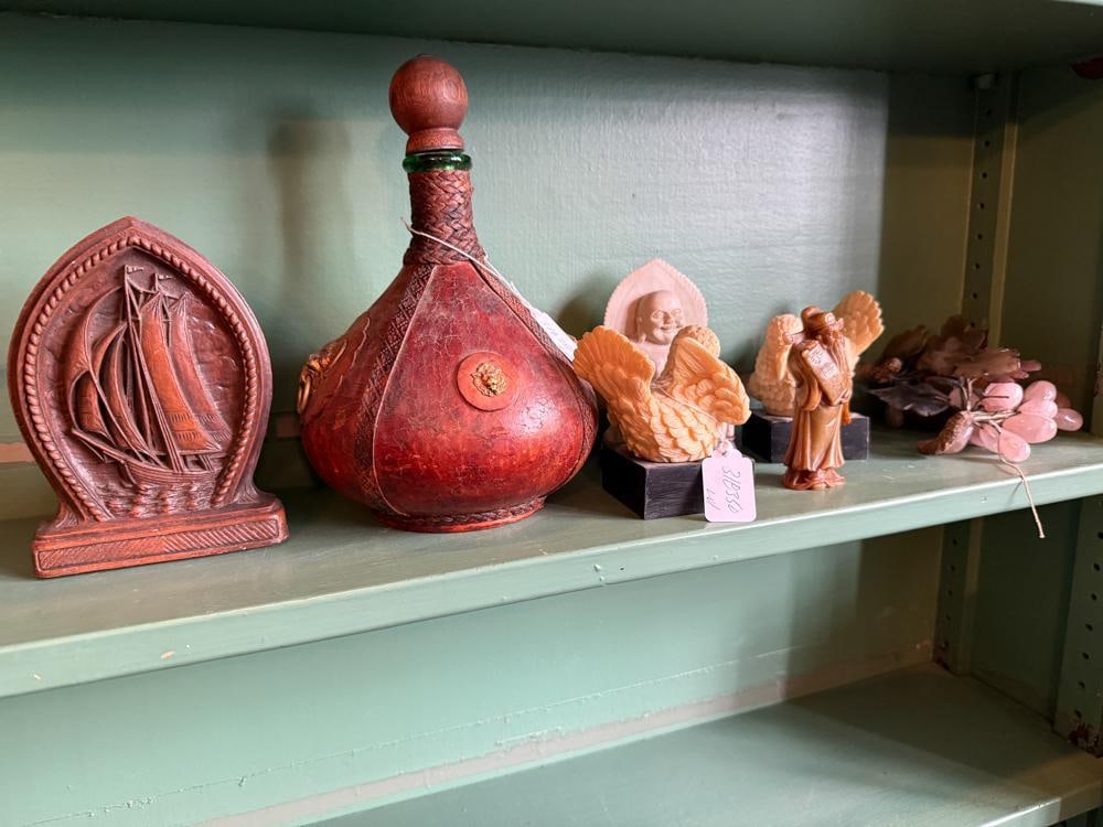 Leather Flask, Soapstone Buddha, Bird Sculptures, etc.: Leather flask, soapstone Buddha and scholar, two bird sculptures, glass grapes. NOTE: Item to be picked up at 62 East 80th St., New York, NY. Deadline for pick-up is July 31st. Please call our front