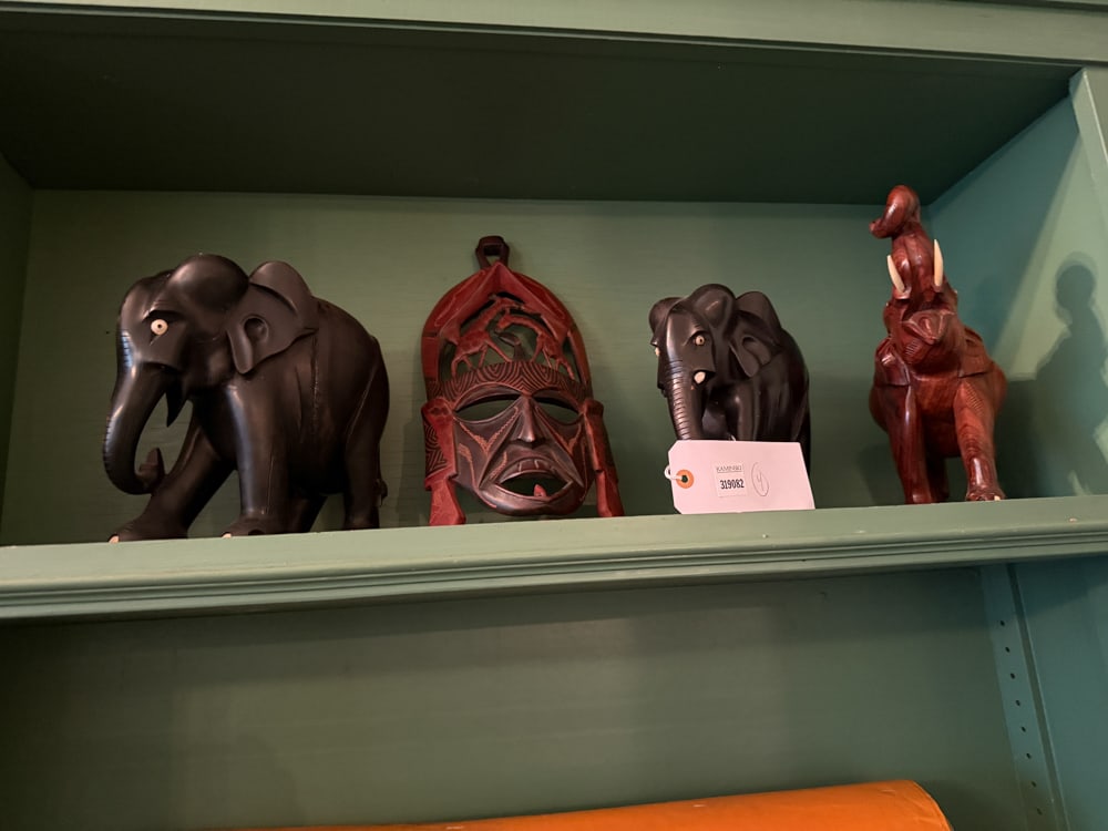 Carved Wooden Elephants and Asian Mask: Three carved wooden elephants and Asian mask. NOTE: Item to be picked up at 64 East 80th St., New York, NY. Deadline for pick-up is July 31st. Please call our front desk at 978-927-2223 to schedule pi