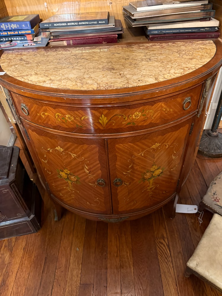 French Regency-Style Demilune Marble-Top Cabinet: French Regency-Style demilune cabinet with inlay, marble top, 34" H x 37" W x 20" D. NOTE: Item to be picked up at 64 East 80th St., New York, NY. Deadline for pick-up is July 31st. Please call our fr