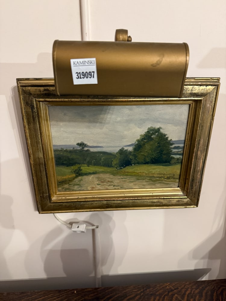 W.E. Norton, Road Leading Toward the Sea, Oil on Canvas: William Edward Norton (English, 1843-1916), untitled, pastoral scene of a road leading down a hill toward the sea, oil on canvas, signed "W E Norton, Atelier" L/L, 7 1/2" x 10 1/2", in giltwood frame 