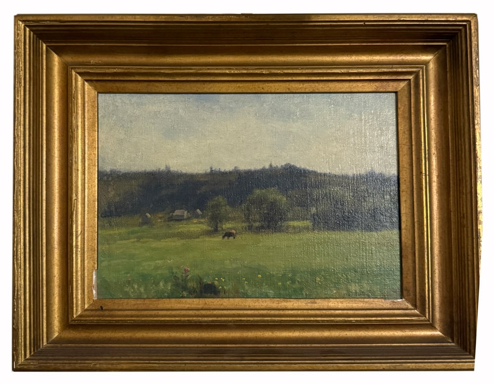 W.E. Norton, View of Pasture with Cow, Oil on Canvas: William Edward Norton (English, 1843-1916), untitled, view of a pasture with a single cow, background has farm buildings before a large wooded hill, oil on canvas, signed "W E Norton, Atelier" L/R, 7 