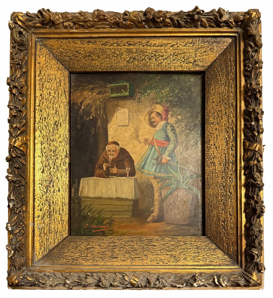 Late 19thC Italian Oil Painting of Monk and Cavalier: Late 19th century Italian oil painting of monk and cavalier, signed "Martino" L/L, 10" x 8", frame 16" x 14". NOTE: Item to be picked up at 64 East 80th St., New York, NY. Deadline for pick-up is July