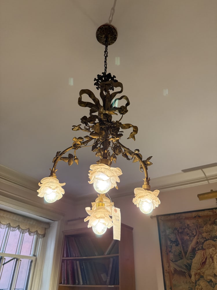 Chandelier, Rose-form with Glass Shades: Chandelier, rose-form with glass shades 33" H x 18" W. NOTE: Item to be picked up at 64 East 80th St., New York, NY. Deadline for pick-up is July 31st. Please call our front desk at 978-927-2223 to sc
